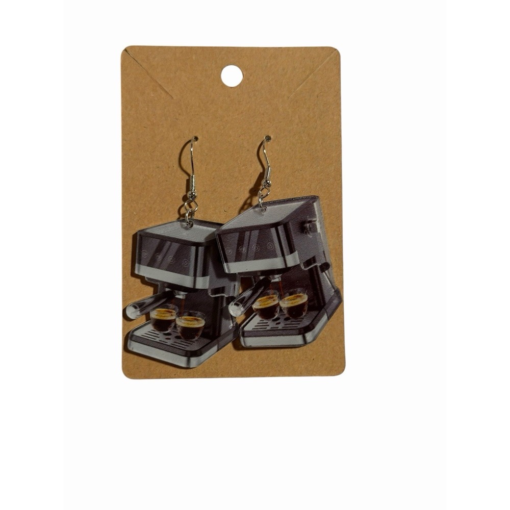 Espresso Machine Coffee Maker Dangle Earrings Silver‎ Tone Barista Gift Jewelry